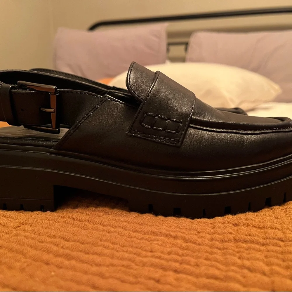 Floyd Black Leather chunky Loafers sling back - Picture 3 of 4